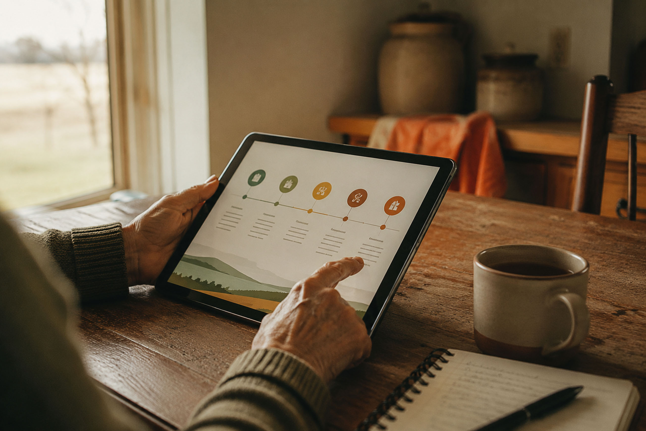 Hands using a tablet showing a step-by-step wellbeing program at a kitchen table