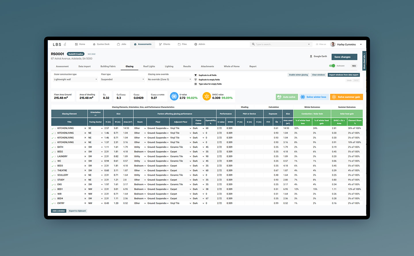 The LBS Consult energy-assessment platform — glazing performance calculations