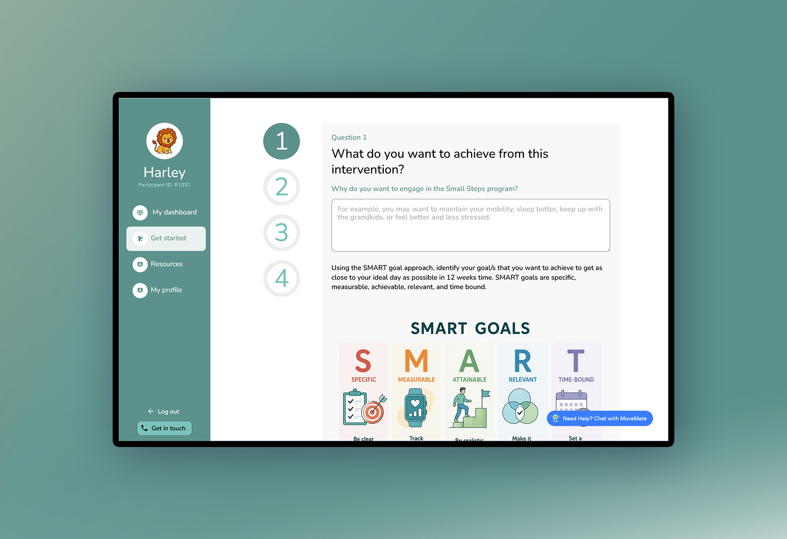 The Small Steps participant portal — a guided SMART goal-setting question with numbered progress steps
