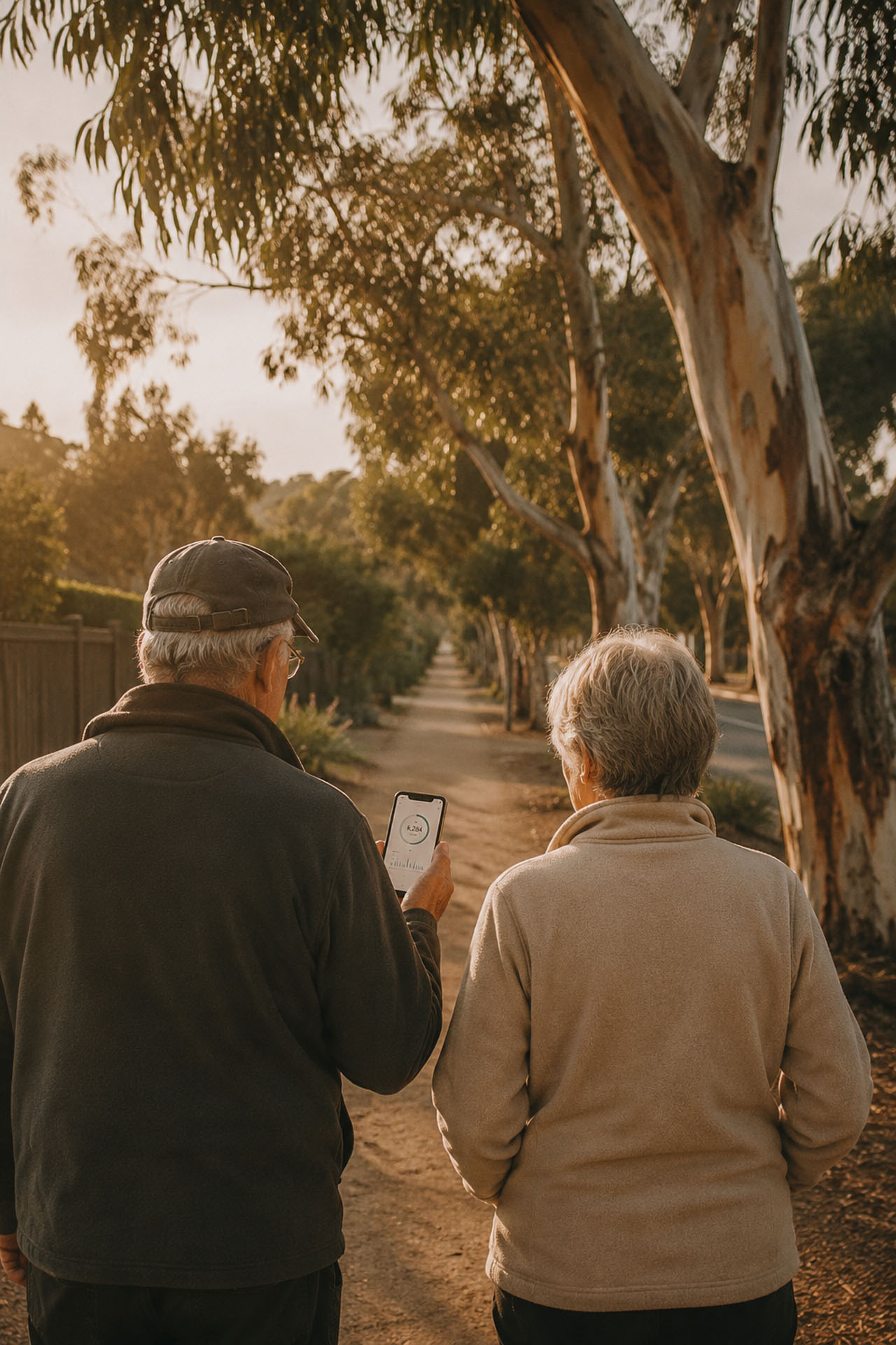 An older couple walking a tree-lined path in morning light